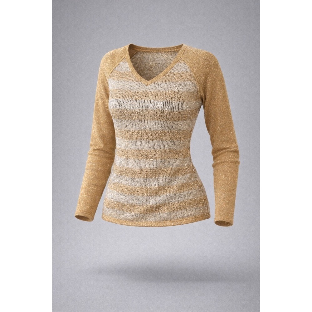 Miss Me Womens Gold Metallic Striped Sequin V-Neck Knit Sweater Top Size Medium